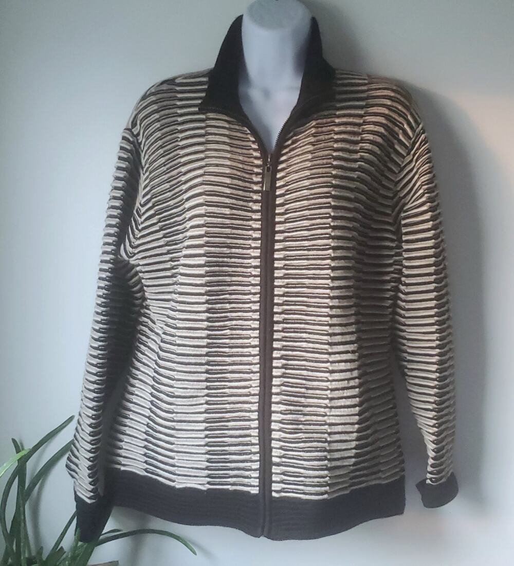 Alpaca Golden Womens Black Striped Baby Alpaca Zip Cardigan Sweater Size XL Boho